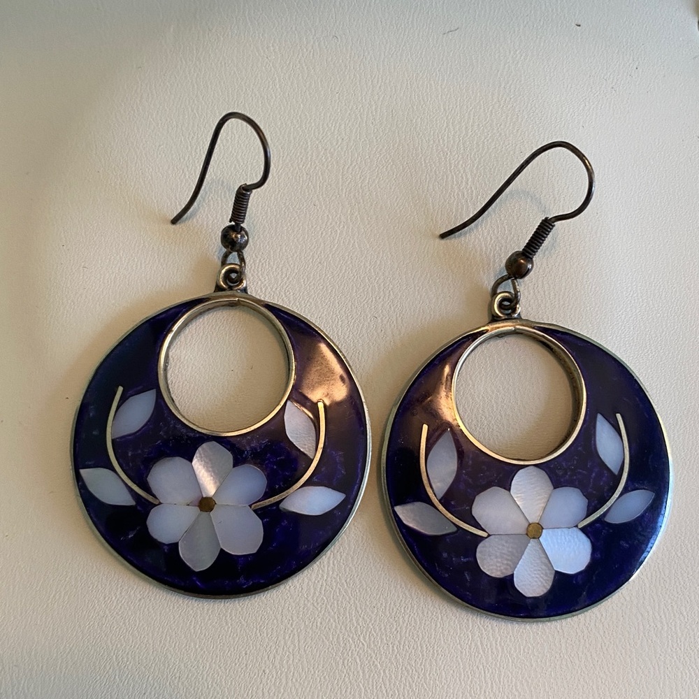 Vintage Mexican Alpaca Silver Inlay Flower Dangle Earrings